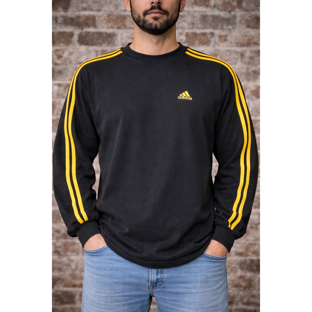 #154 Adidas Mens Vintage Long Sleeve T-Shirt Black Yellow Stripes XL RN 88387 - Picture 6 of 6